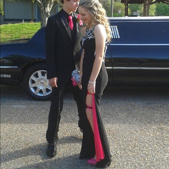 black and hot pink prom dress